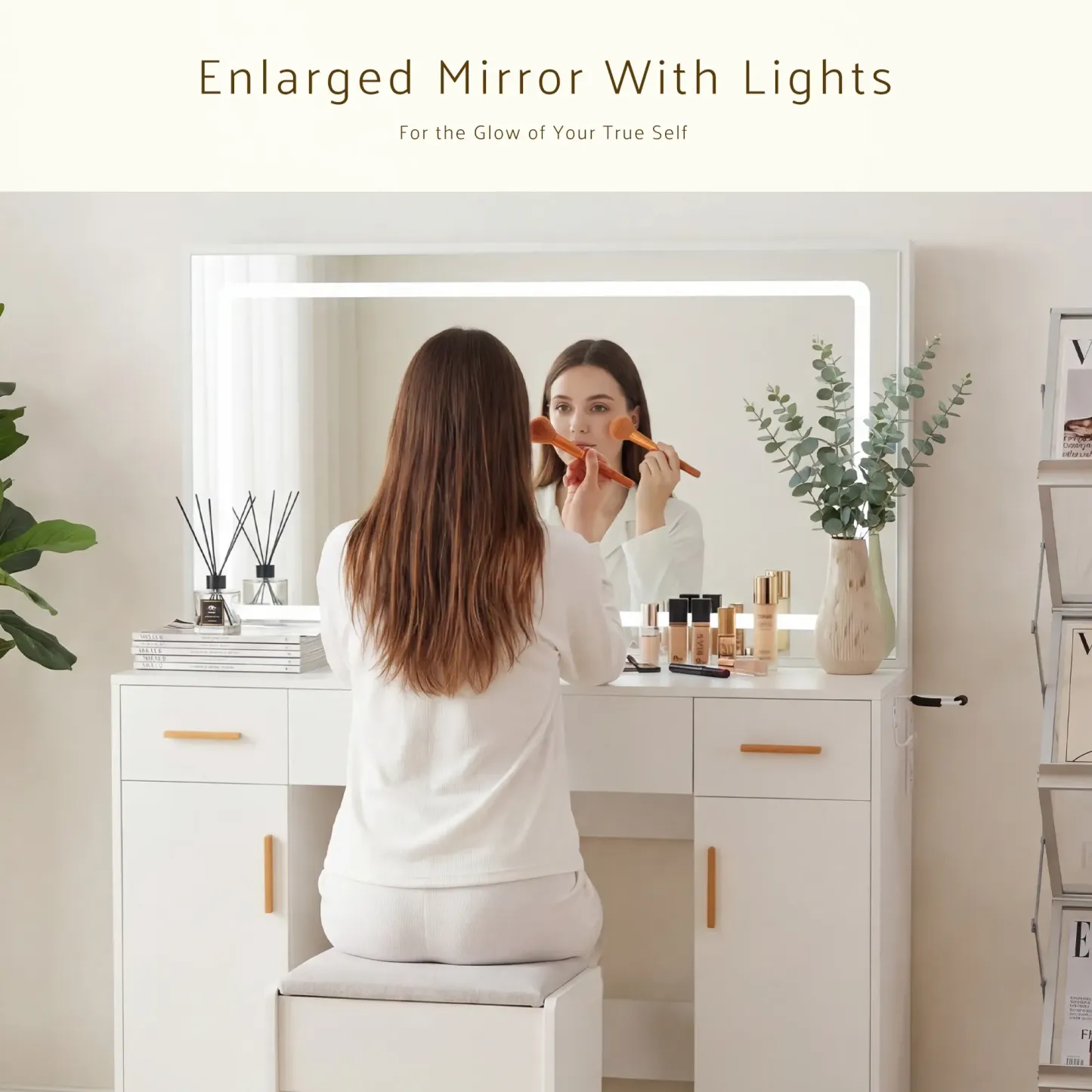 Tocador Blanco con Espejo Iluminado y Enchufe – Tocador de Maquillaje con 3 Cajones y Soporte para Dormitorio de Niñas