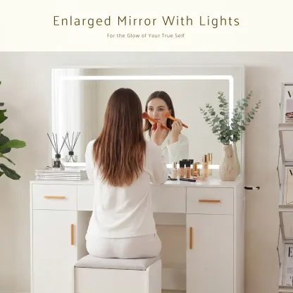 Tocador Blanco con Espejo Iluminado y Enchufe – Tocador de Maquillaje con 3 Cajones y Soporte para Dormitorio de Niñas