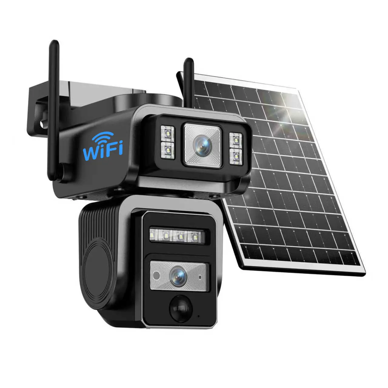 Cámara de seguridad solar WiFi 1080P, doble lente, visión nocturna a color, detección PIR, audio bidireccional, impermeable