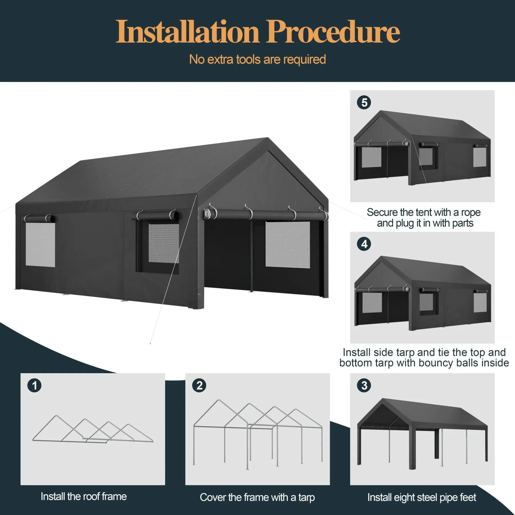 Cobertizo para Auto 10/12x20 ft – Garaje Portátil para Exterior, Toldos de Alta Resistencia con Ventanas Ventiladas y Laterales Removibles, Protección contra Humedad para Vehículos, Fiesta, Campamento o Herramientas, PVC Duradero, Gris/Blanco