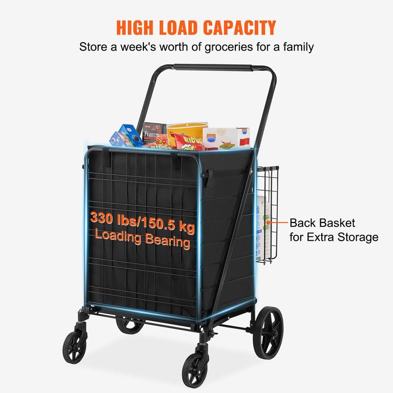 carrito de compras plegable con , forro impermeable extraíble, máximo 330 libras, gran capacidad, Jumbo, con cesta Dual, ruedas giratorias de 360 °, Base de malla de Metal denso, carro de utilidad resistente