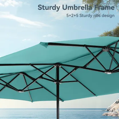 COSTWAY Sombrilla Solar para Patio de 15/13 pies con Base — Sombrilla Doble Extra Grande para Exteriores con 36 Luces LED y Manivela, Ideal para Jardín, Terraza, Piscina y Patio