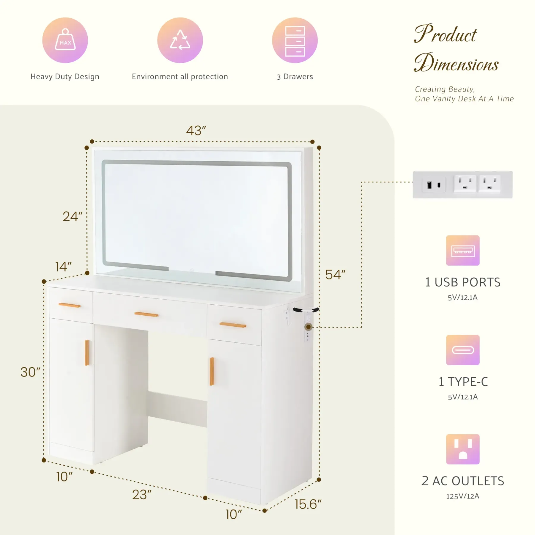 Tocador Blanco con Espejo Iluminado y Enchufe – Tocador de Maquillaje con 3 Cajones y Soporte para Dormitorio de Niñas