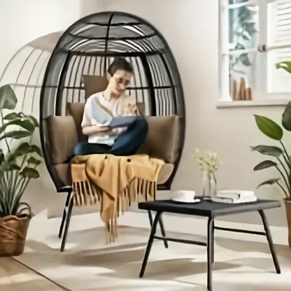 Silla Huevo para Exteriores Phabules con Otomana, Silla de Canasta de Mimbre para Patio con Soporte y Cojín Marrón Silla Capullo