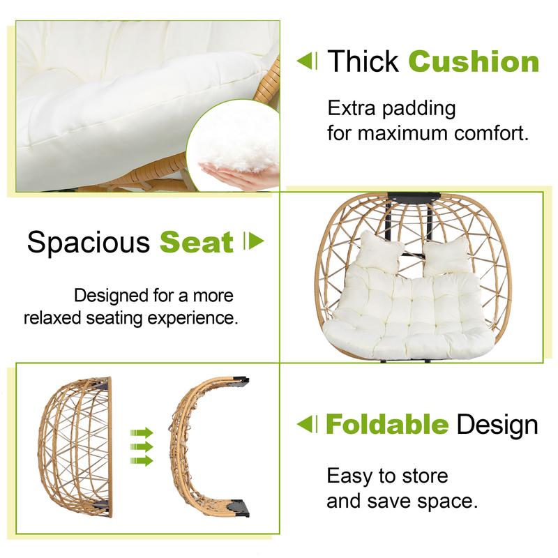 Silla Colgante Tipo Huevo con Soporte – Capacidad de 600/700 lbs, Silla Huevo de Mimbre/Ratán para Interior y Exterior con Cojín, Mueble de Patio o Porche