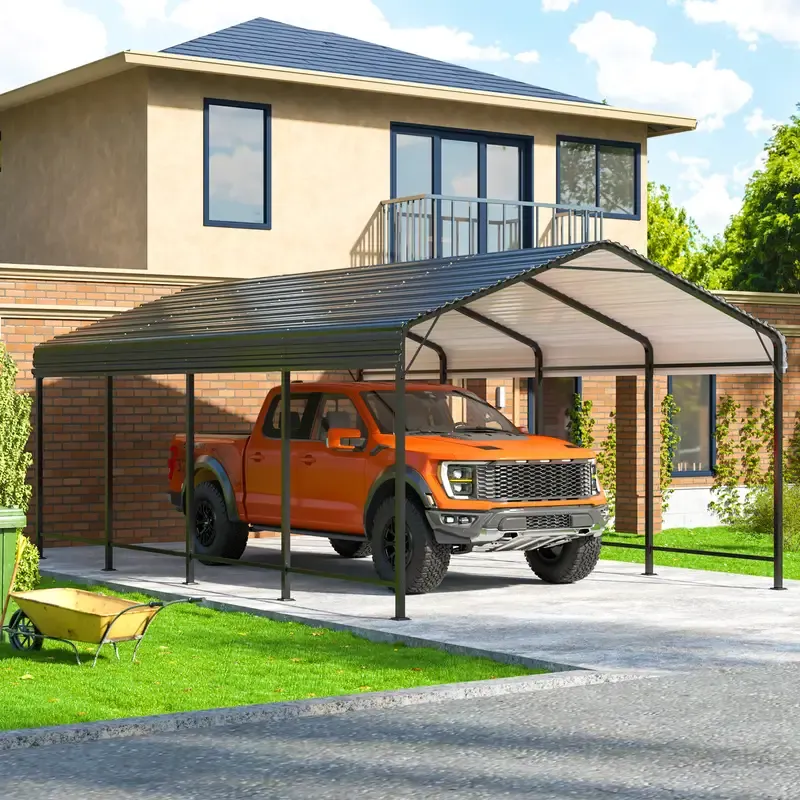 Carport de metal de 12x20 FT con base mejorada, garaje al aire libre resistente para camiones, barcos, autos y tractores, con estante galvanizado para protección de vehículos