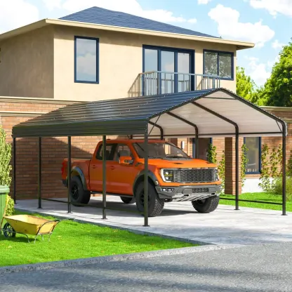 Carport de metal de 12x20 FT con base mejorada, garaje al aire libre resistente para camiones, barcos, autos y tractores, con estante galvanizado para protección de vehículos