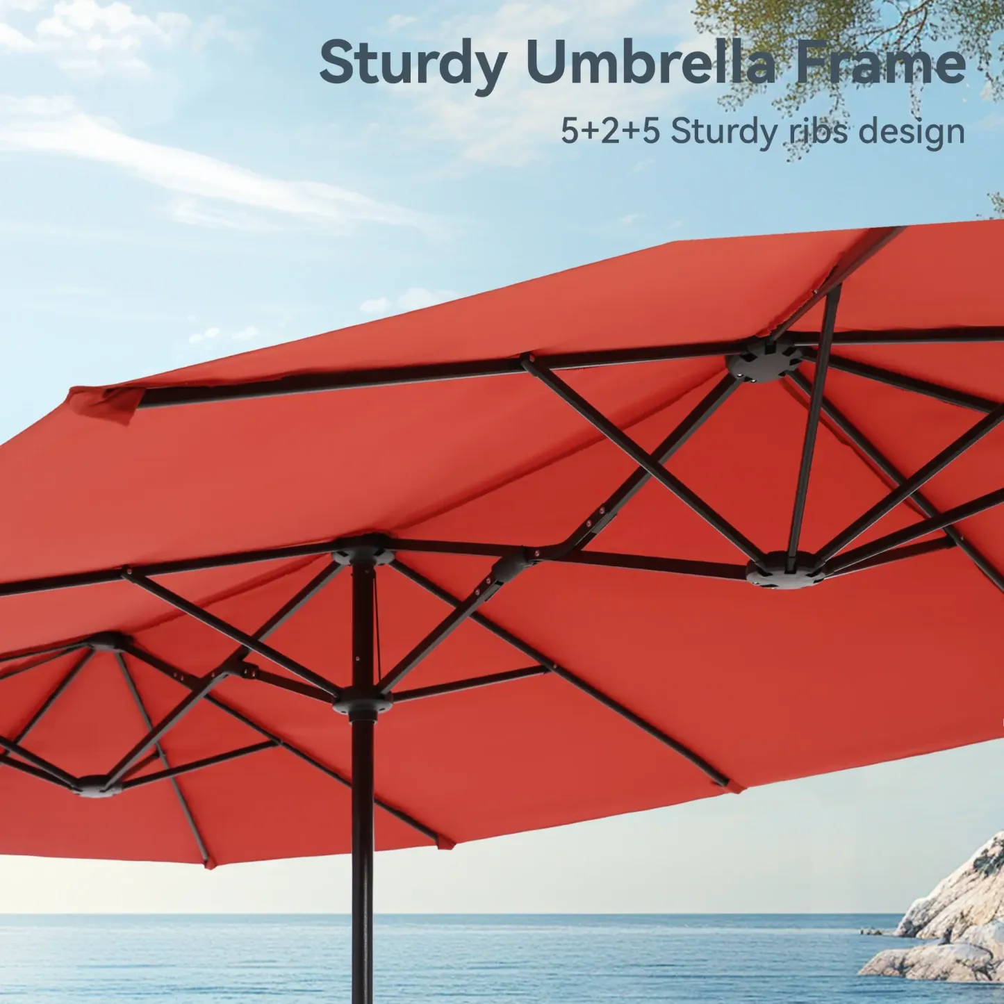 COSTWAY Sombrilla Solar para Patio de 15/13 pies con Base — Sombrilla Doble Extra Grande para Exteriores con 36 Luces LED y Manivela, Ideal para Jardín, Terraza, Piscina y Patio