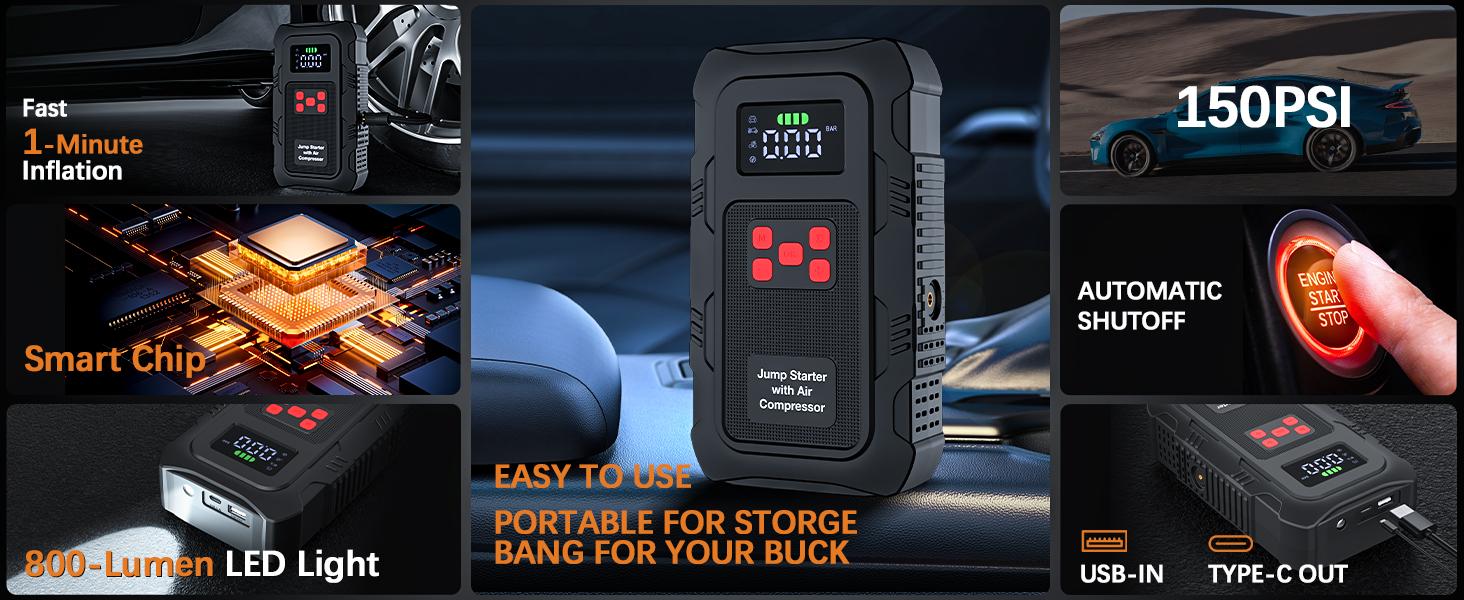 HPBS Spring Outing Portable Car Jump Starter, 6000A Peak 24000mAh with 150PSI Tire Inflator, 12V Car Battery Jump Starter for (10.0L Gas, 8.0L Diesel) Engines, Fast Inflation, Power Bank LED Light