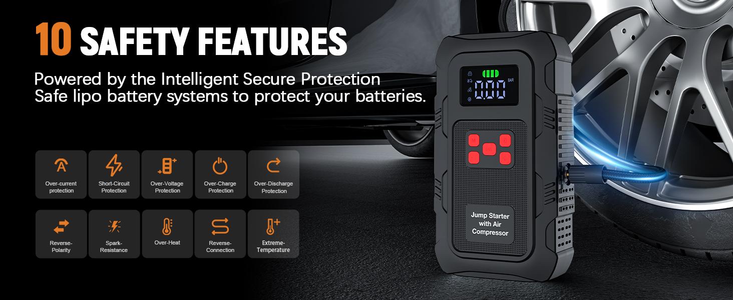 HPBS Spring Outing Portable Car Jump Starter, 6000A Peak 24000mAh with 150PSI Tire Inflator, 12V Car Battery Jump Starter for (10.0L Gas, 8.0L Diesel) Engines, Fast Inflation, Power Bank LED Light