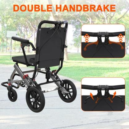 Lightweight Folding Wheelchair for Seniors with Aviation Aluminum Frame, Flip Armrests, Secure Brakes, Spacious Seating, Ideal for Safe Transfers Indoors and Outdoors in Gray Orange