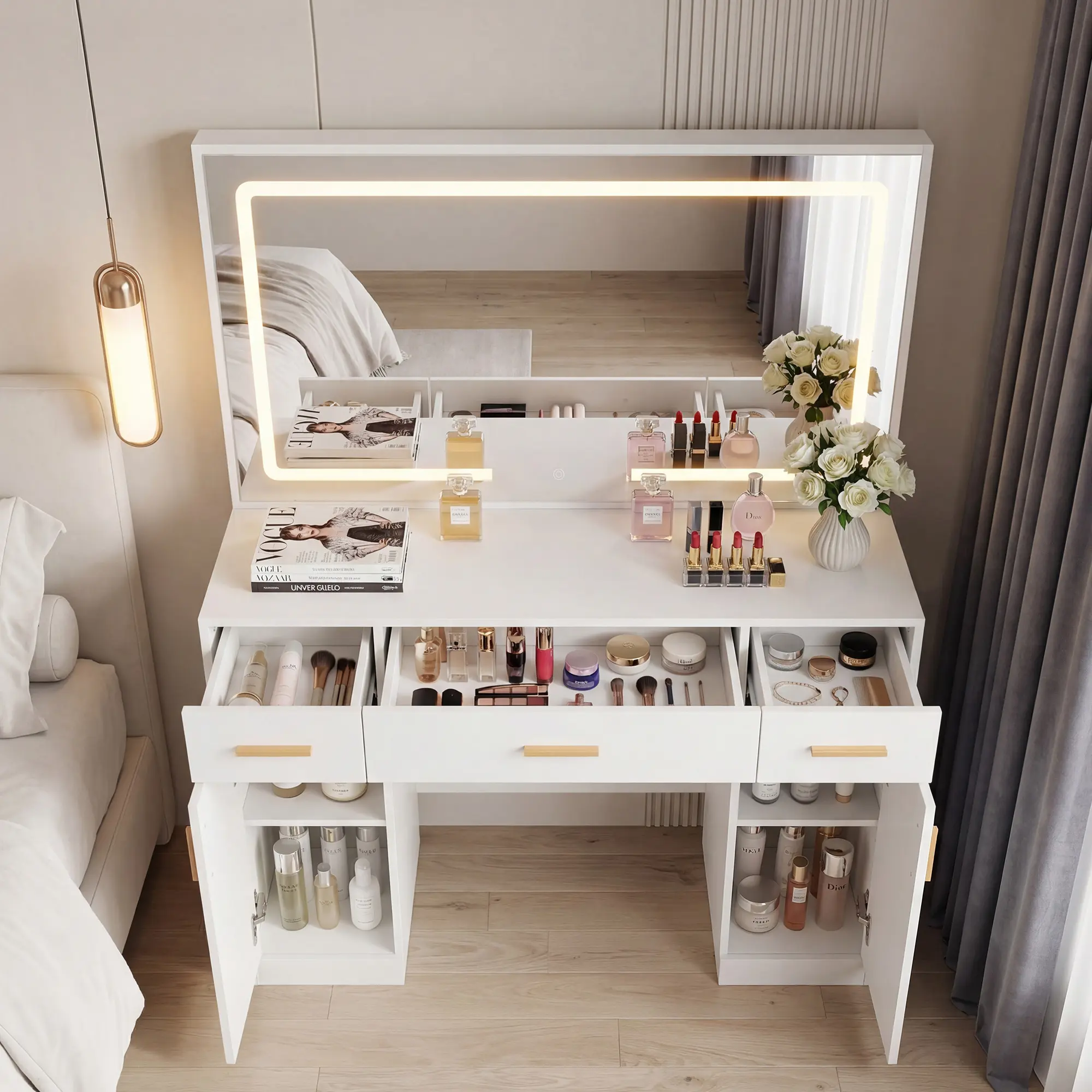 Tocador Blanco con Espejo Iluminado y Enchufe – Tocador de Maquillaje con 3 Cajones y Soporte para Dormitorio de Niñas