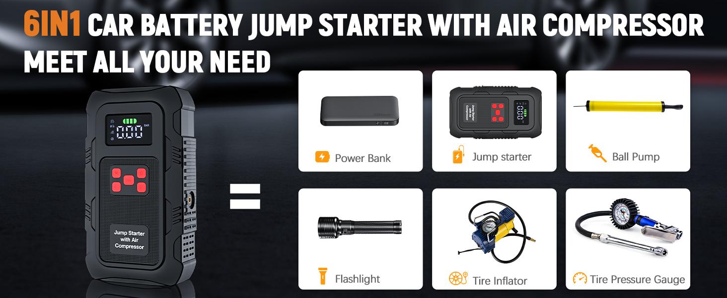 HPBS Spring Outing Portable Car Jump Starter, 6000A Peak 24000mAh with 150PSI Tire Inflator, 12V Car Battery Jump Starter for (10.0L Gas, 8.0L Diesel) Engines, Fast Inflation, Power Bank LED Light