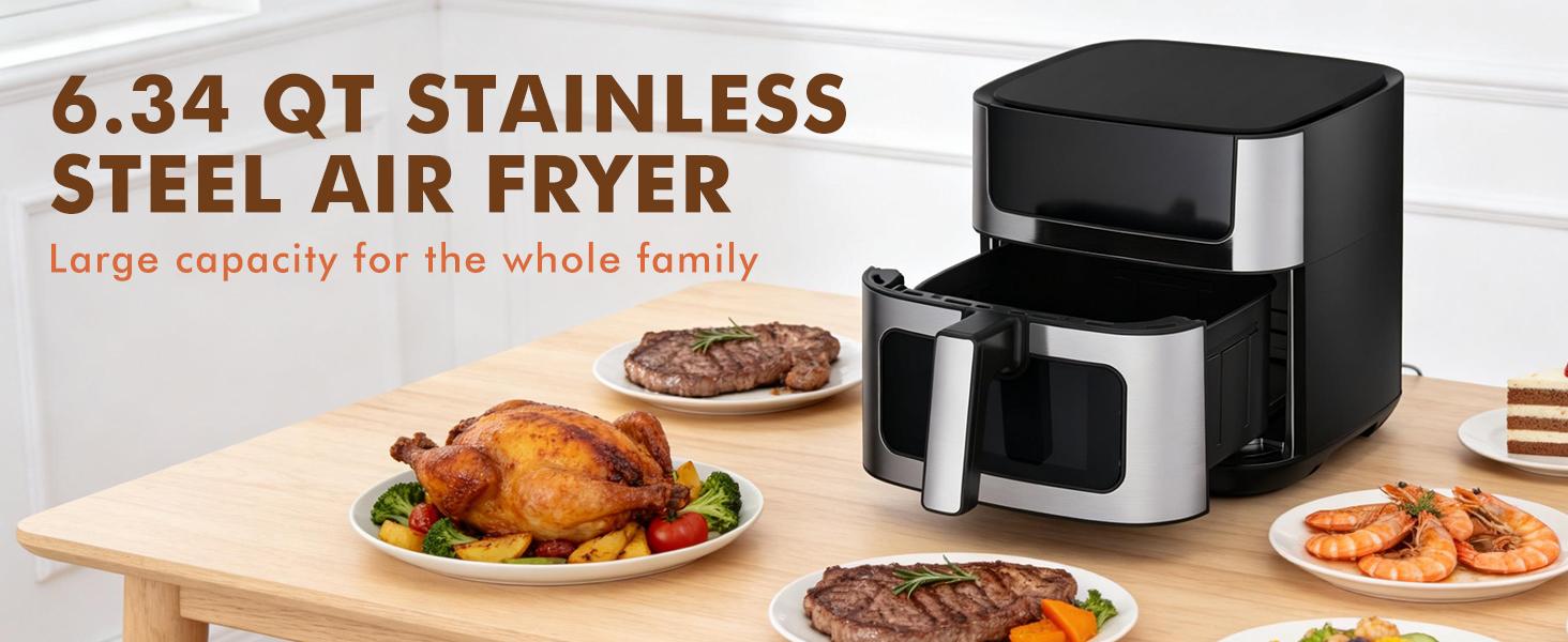 Sweetcrispy 6.34QT Air Fryer with Window 8 Food Presets 400°F Max Heat 90-Min Timer Nonstick Dishwasher-Safe Basket for Air Fry Roast Reheat Bake Stainless Steel
