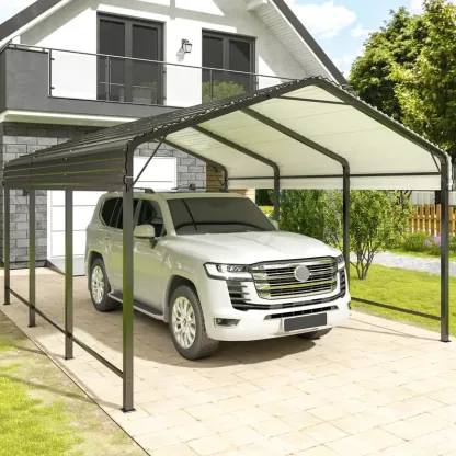 Carport de metal de 12x20 FT con base mejorada, garaje al aire libre resistente para camiones, barcos, autos y tractores, con estante galvanizado para protección de vehículos