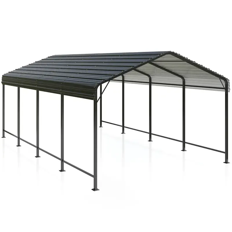 Carport de metal de 12x20 FT con base mejorada, garaje al aire libre resistente para camiones, barcos, autos y tractores, con estante galvanizado para protección de vehículos