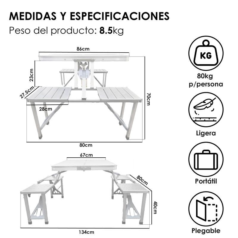 Mesa Plegable Portátil 4 Bancos Integrados Estilo Portafolio Para Camping, picnic o Jardín Estructura de aluminio reforzado y plástico resistente