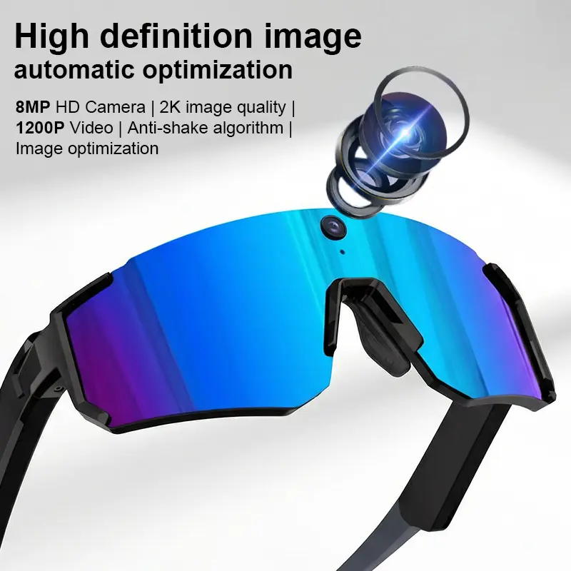 Gafas deportivas inteligentes con cámara 8MP, grabación 2K/1200P, audio Bluetooth, impermeables IP54, protección UV y asistente de voz AI