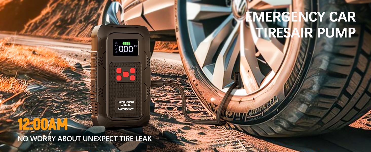 HPBS Spring Outing Portable Car Jump Starter, 6000A Peak 24000mAh with 150PSI Tire Inflator, 12V Car Battery Jump Starter for (10.0L Gas, 8.0L Diesel) Engines, Fast Inflation, Power Bank LED Light