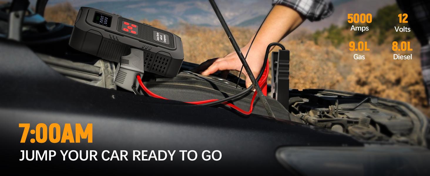 HPBS Spring Outing Portable Car Jump Starter, 6000A Peak 24000mAh with 150PSI Tire Inflator, 12V Car Battery Jump Starter for (10.0L Gas, 8.0L Diesel) Engines, Fast Inflation, Power Bank LED Light