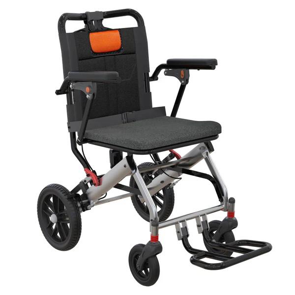 Lightweight Folding Wheelchair for Seniors with Aviation Aluminum Frame, Flip Armrests, Secure Brakes, Spacious Seating, Ideal for Safe Transfers Indoors and Outdoors in Gray Orange