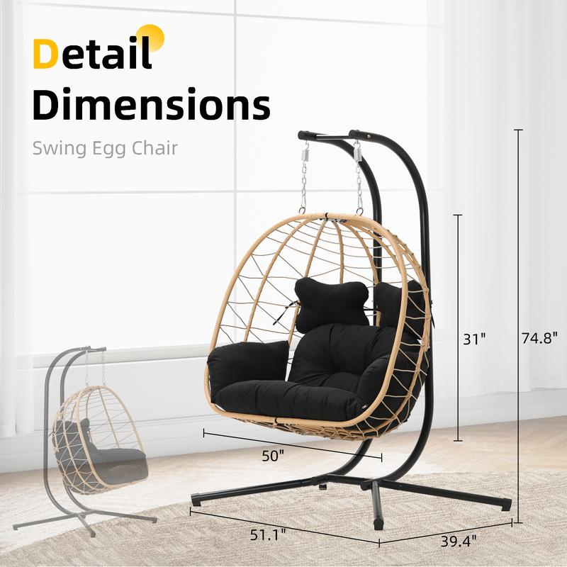 Silla Colgante Tipo Huevo con Soporte – Capacidad de 600/700 lbs, Silla Huevo de Mimbre/Ratán para Interior y Exterior con Cojín, Mueble de Patio o Porche