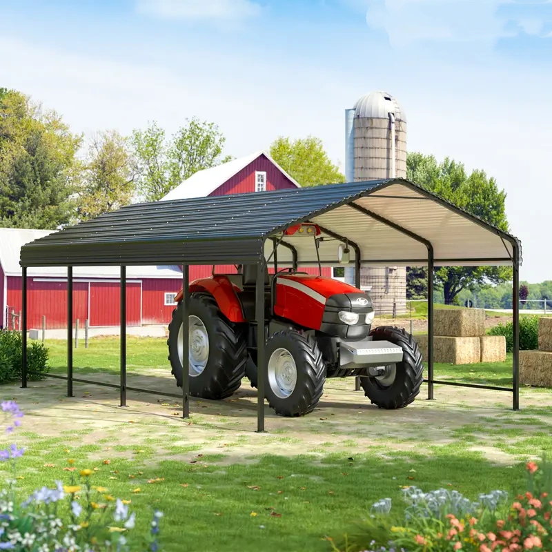 Carport de metal de 12x20 FT con base mejorada, garaje al aire libre resistente para camiones, barcos, autos y tractores, con estante galvanizado para protección de vehículos