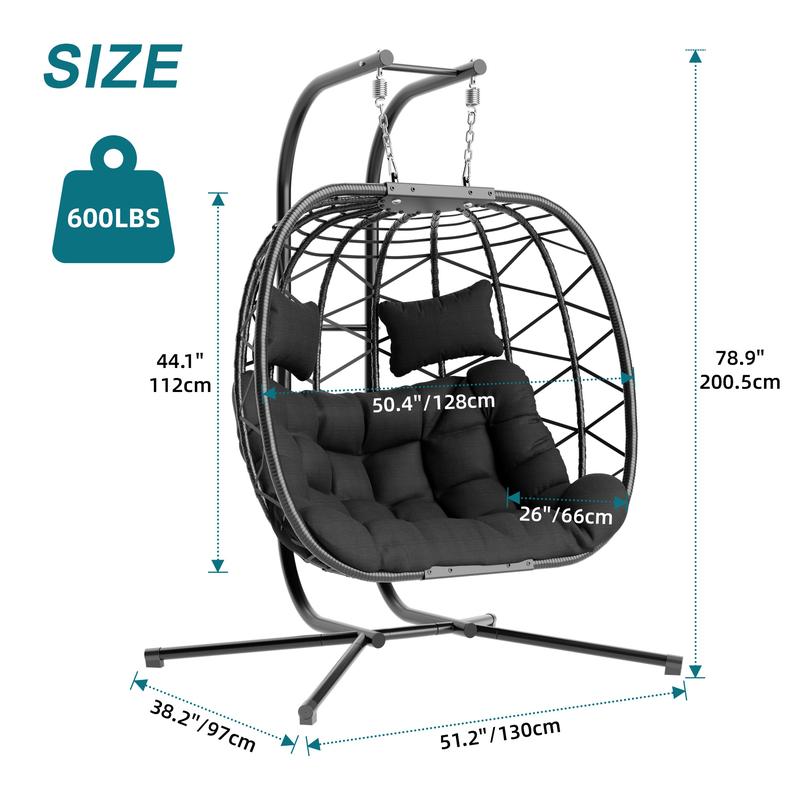 Silla Colgante Tipo Huevo con Soporte – Capacidad de 600/700 lbs, Silla Huevo de Mimbre/Ratán para Interior y Exterior con Cojín, Mueble de Patio o Porche