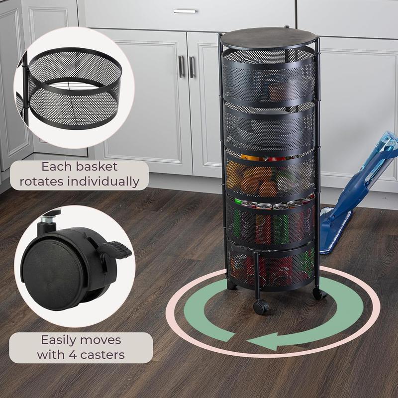 Estante Rotatorio Multicapa Circular, Organizador de Canasta de Vegetales de Piso, Estante Rotatorio Multicapa para Artículos Varios y Frutas, Estante de Almacenaje Práctico, Organizador Multifuncional, Rack de Canasta de Metal con Ruedas (Negro)