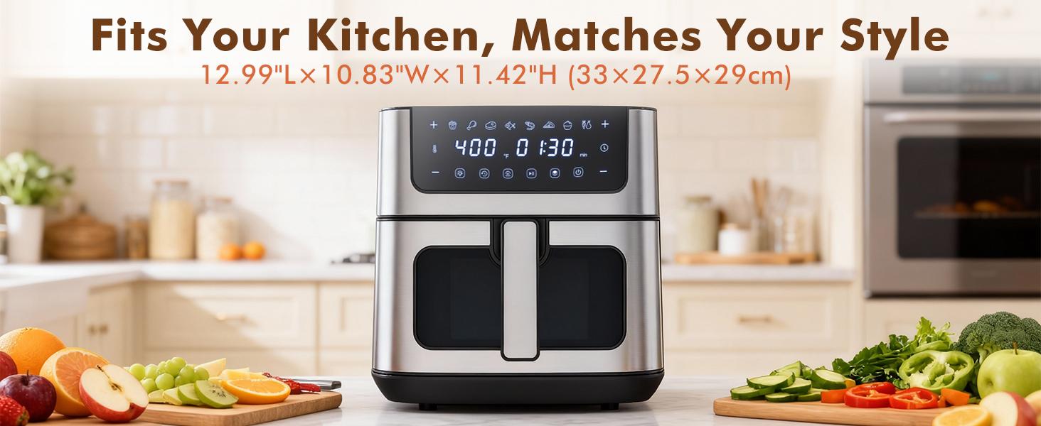 Sweetcrispy 6.34QT Air Fryer with Window 8 Food Presets 400°F Max Heat 90-Min Timer Nonstick Dishwasher-Safe Basket for Air Fry Roast Reheat Bake Stainless Steel