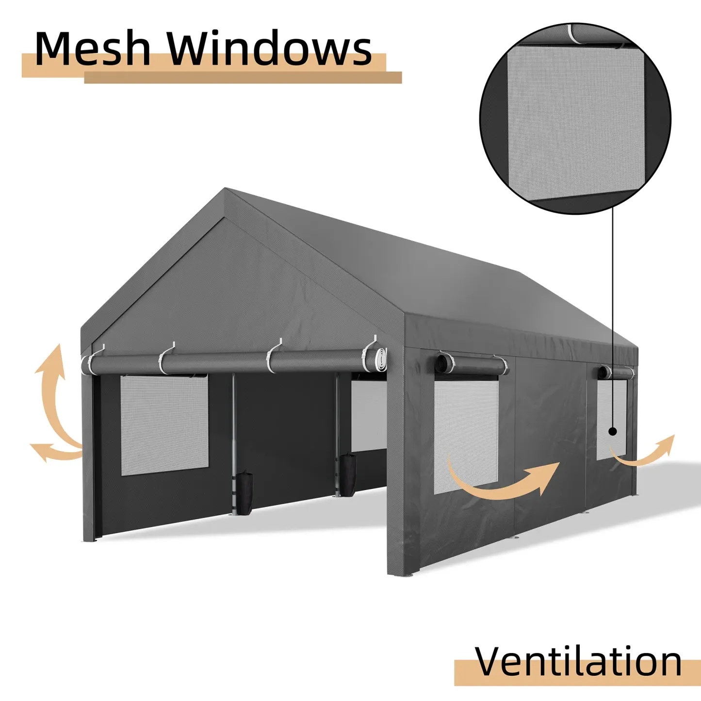 Cobertizo para Auto 10/12x20 ft – Garaje Portátil para Exterior, Toldos de Alta Resistencia con Ventanas Ventiladas y Laterales Removibles, Protección contra Humedad para Vehículos, Fiesta, Campamento o Herramientas, PVC Duradero, Gris/Blanco