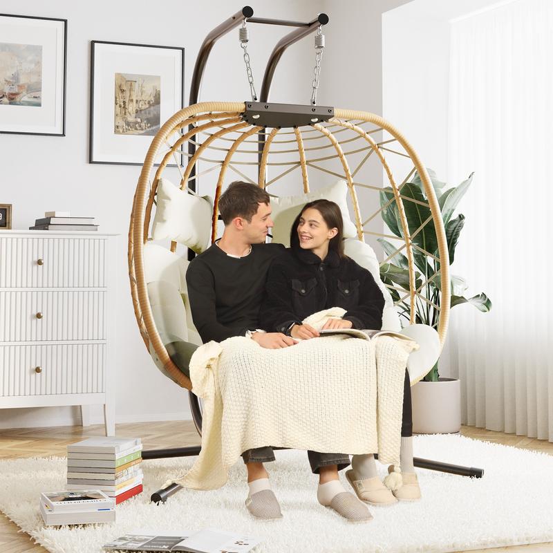 Silla Colgante Tipo Huevo con Soporte – Capacidad de 600/700 lbs, Silla Huevo de Mimbre/Ratán para Interior y Exterior con Cojín, Mueble de Patio o Porche