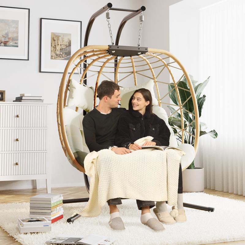 Silla Colgante Tipo Huevo con Soporte – Capacidad de 600/700 lbs, Silla Huevo de Mimbre/Ratán para Interior y Exterior con Cojín, Mueble de Patio o Porche