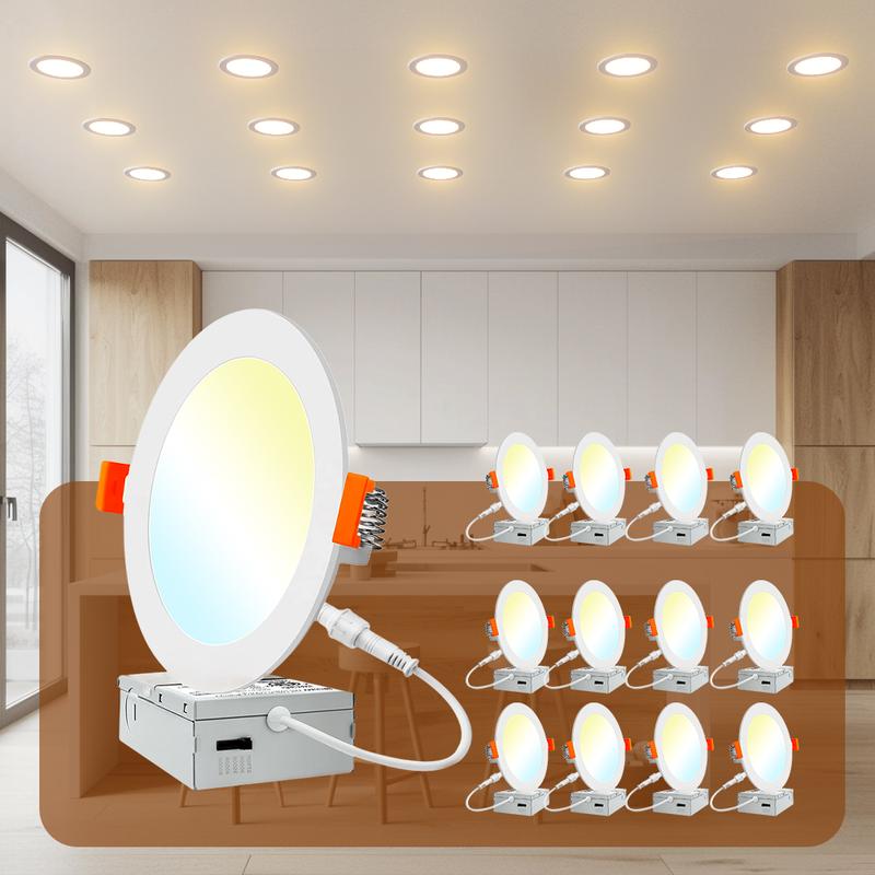 6 Inch 5 CCT Led Recessed Ceiling Light With Junction Box, 2700k/ 3000k/ 3500k/ 4000k/ 5000k, 1050lm, 12w Equivalent To 110w, High Brightness Dimmable Pot Light Downlight, Energy Star.