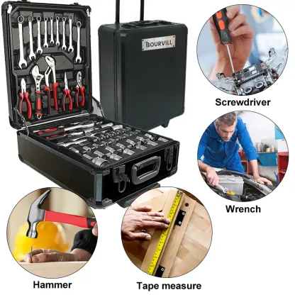Juego de herramientas Bourvill de 899 piezas: estuche metálico portátil de alta capacidad, gabinete móvil con ruedas y unidad de almacenamiento de 4 niveles de aleación de aluminio, un kit completo para reparación mecánica y mantenimiento del hogar.