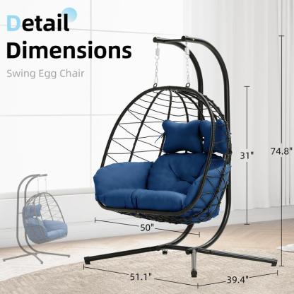 Silla Colgante Tipo Huevo con Soporte – Capacidad de 600/700 lbs, Silla Huevo de Mimbre/Ratán para Interior y Exterior con Cojín, Mueble de Patio o Porche
