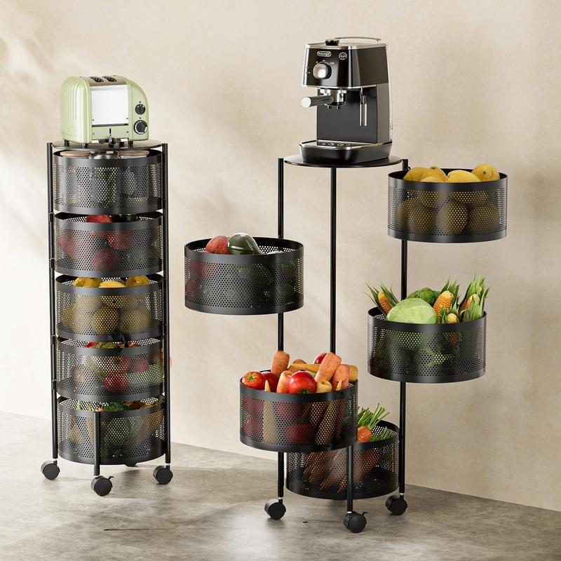 Estante Rotatorio Multicapa Circular, Organizador de Canasta de Vegetales de Piso, Estante Rotatorio Multicapa para Artículos Varios y Frutas, Estante de Almacenaje Práctico, Organizador Multifuncional, Rack de Canasta de Metal con Ruedas (Negro)