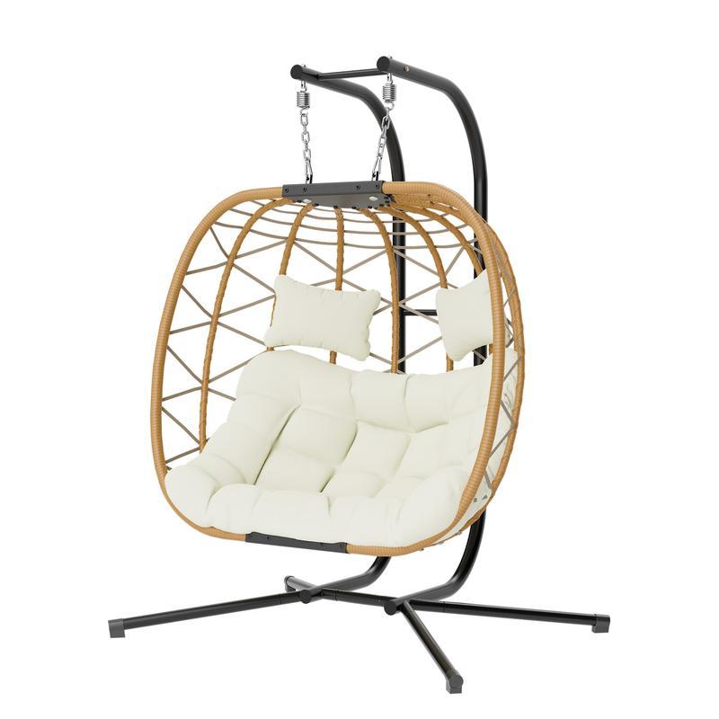 Silla Colgante Tipo Huevo con Soporte – Capacidad de 600/700 lbs, Silla Huevo de Mimbre/Ratán para Interior y Exterior con Cojín, Mueble de Patio o Porche