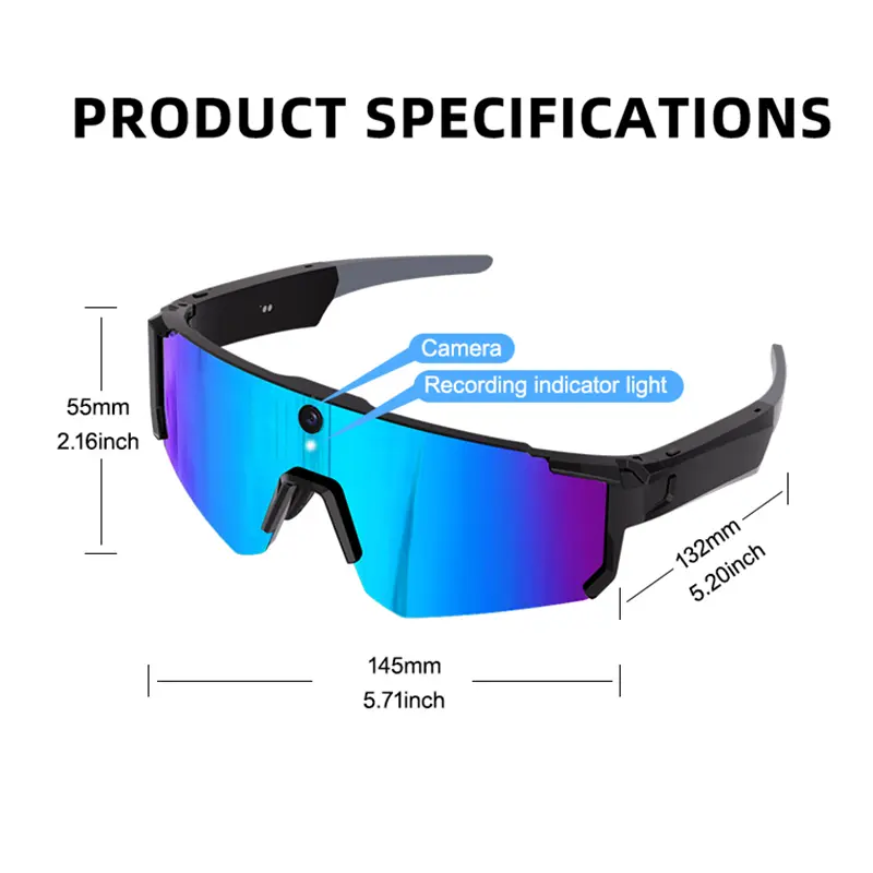 Gafas deportivas inteligentes con cámara 8MP, grabación 2K/1200P, audio Bluetooth, impermeables IP54, protección UV y asistente de voz AI