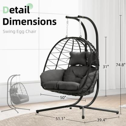 Silla Colgante Tipo Huevo con Soporte – Capacidad de 600/700 lbs, Silla Huevo de Mimbre/Ratán para Interior y Exterior con Cojín, Mueble de Patio o Porche