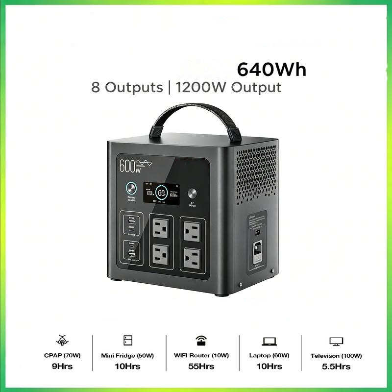 Estación de energía portátil para respaldo en casa, camping y emergencias, batería LiFePO4 de 640Wh, generador solar con 8 puertos, carga ultrarrápida de 0 a 80% en 1 hora, fuente de energía recargable ideal para viajes en RV y cortes de luz.