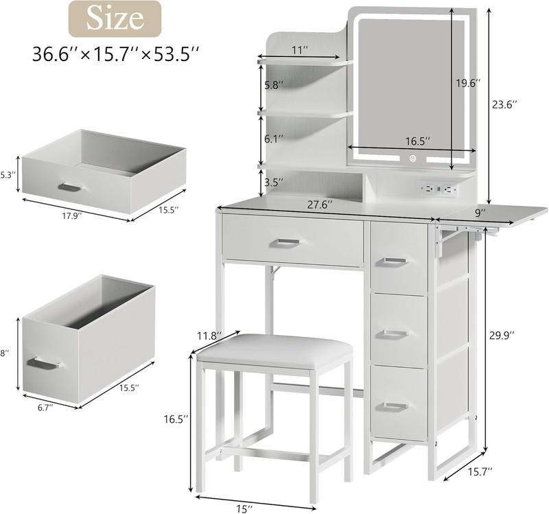 Tocador con espejo y luces LED, mesa de maquillaje compacta con cajón de tela, silla, estantes, panel abatible y contacto eléctrico, ideal para recámara
