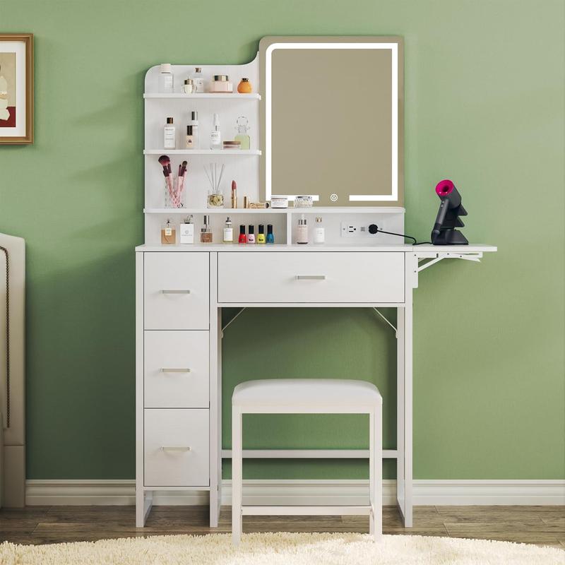Tocador con espejo y luces LED, mesa de maquillaje compacta con cajón de tela, silla, estantes, panel abatible y contacto eléctrico, ideal para recámara