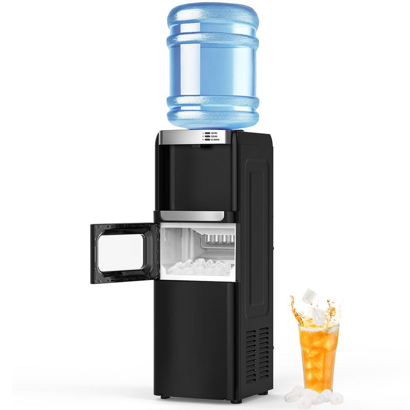 Dispensador de agua con fábrica de hielo, carga superior para garrafón de 5 galones, agua fría y caliente, seguro para niños, ideal para hogar, oficina o garaje, color negro.