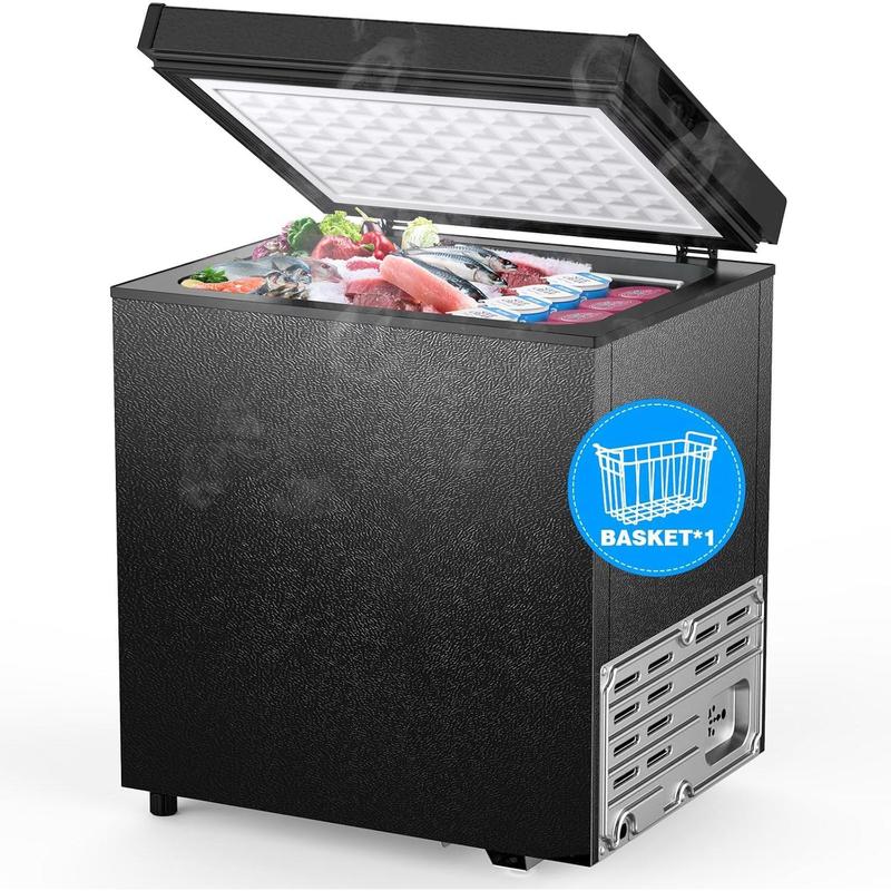 Congelador horizontal de 1.8 pies³ con canastilla removible y drenaje para descongelación, tapa superior, termostato ajustable de 7 niveles, ideal para conservar alimentos en casa o departamento, color negro.