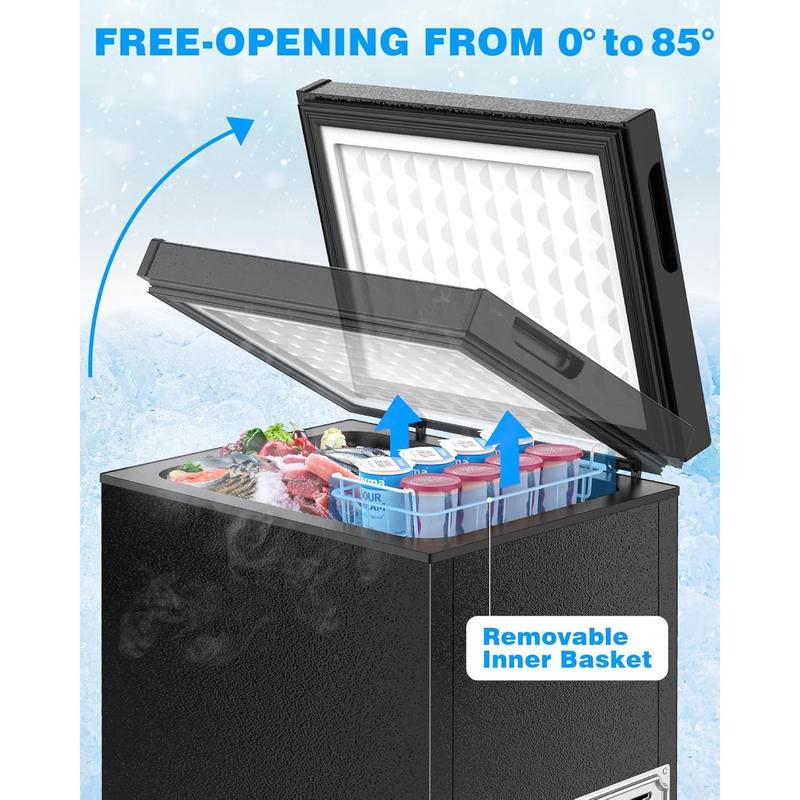 Congelador horizontal de 1.8 pies³ con canastilla removible y drenaje para descongelación, tapa superior, termostato ajustable de 7 niveles, ideal para conservar alimentos en casa o departamento, color negro.