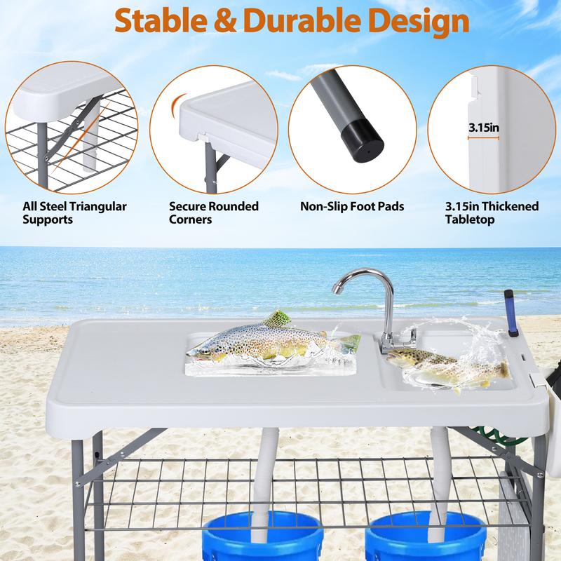 Mesa multifuncional plegable para exteriores con doble fregadero y llave de agua, mesa portátil de PE y acero con parrilla inferior, soporta hasta 300 kg, ideal para limpiar pescado, BBQ, camping, patio y jardín (108 cm)