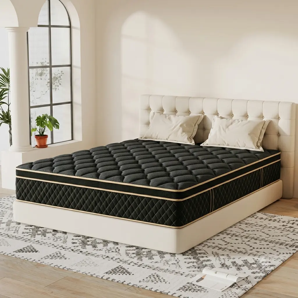 Colchón híbrido de espuma viscoelástica y resortes de 10, 12 o 14 pulgadas, firmeza media, soporte lumbar ergonómico, disponible en tamaños Individual, Matrimonial, Queen y King, empacado al vacío