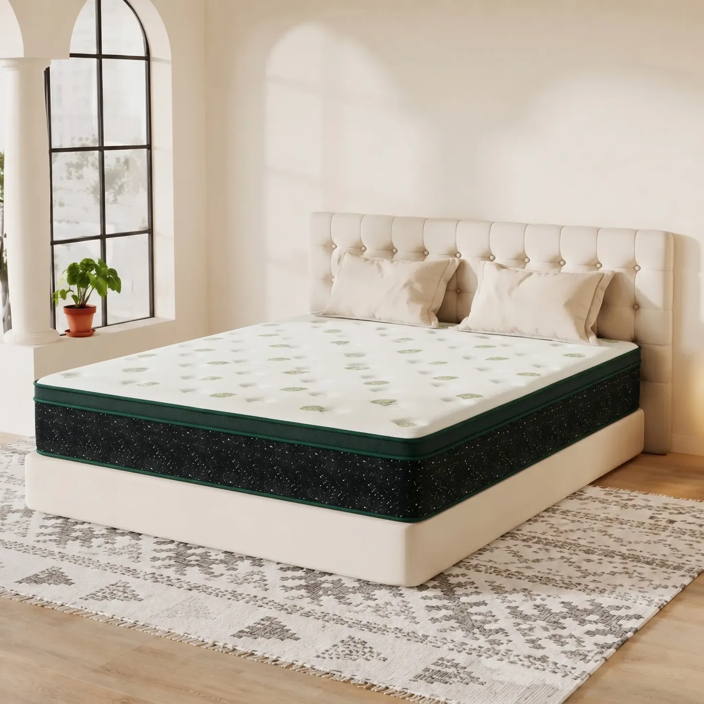 Colchón híbrido de espuma viscoelástica y resortes de 10, 12 o 14 pulgadas, firmeza media, soporte lumbar ergonómico, disponible en tamaños Individual, Matrimonial, Queen y King, empacado al vacío