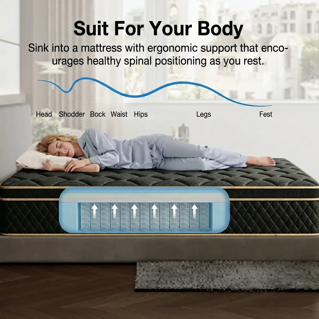 Colchón híbrido de espuma viscoelástica y resortes de 10, 12 o 14 pulgadas, firmeza media, soporte lumbar ergonómico, disponible en tamaños Individual, Matrimonial, Queen y King, empacado al vacío